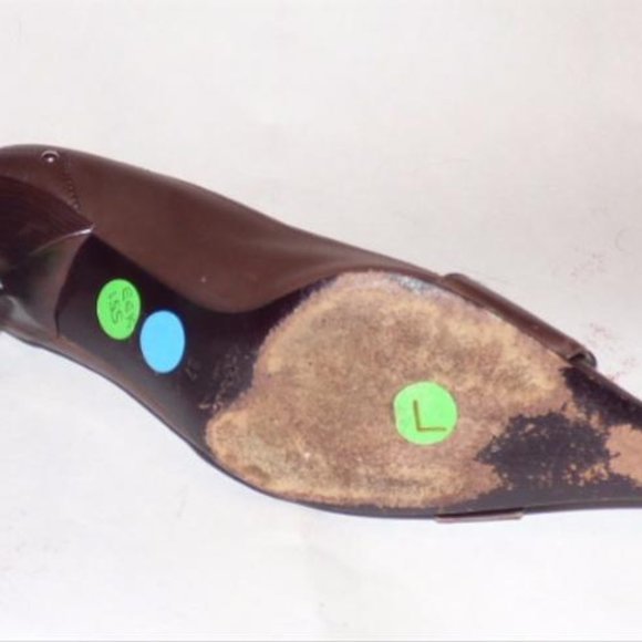 Prada Brown Leather Squared Pointy Toe Kitten Heel ChrOme Accent Pumps - Picture 6 of 6